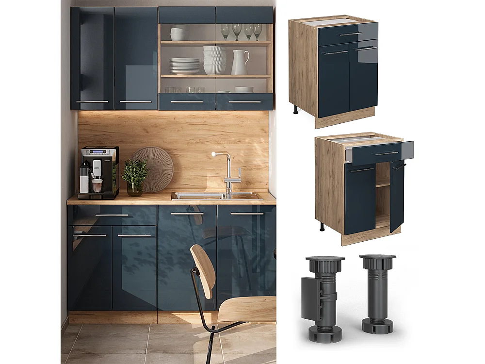 Meuble cuisine bleu foncé brillant 60x60x82 fame-line