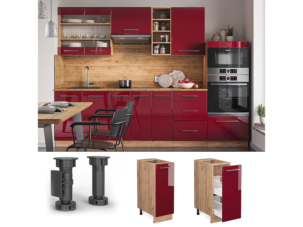 Meuble de cuisine rouge bordeaux haute brillance 30x51.6x82 fame-line