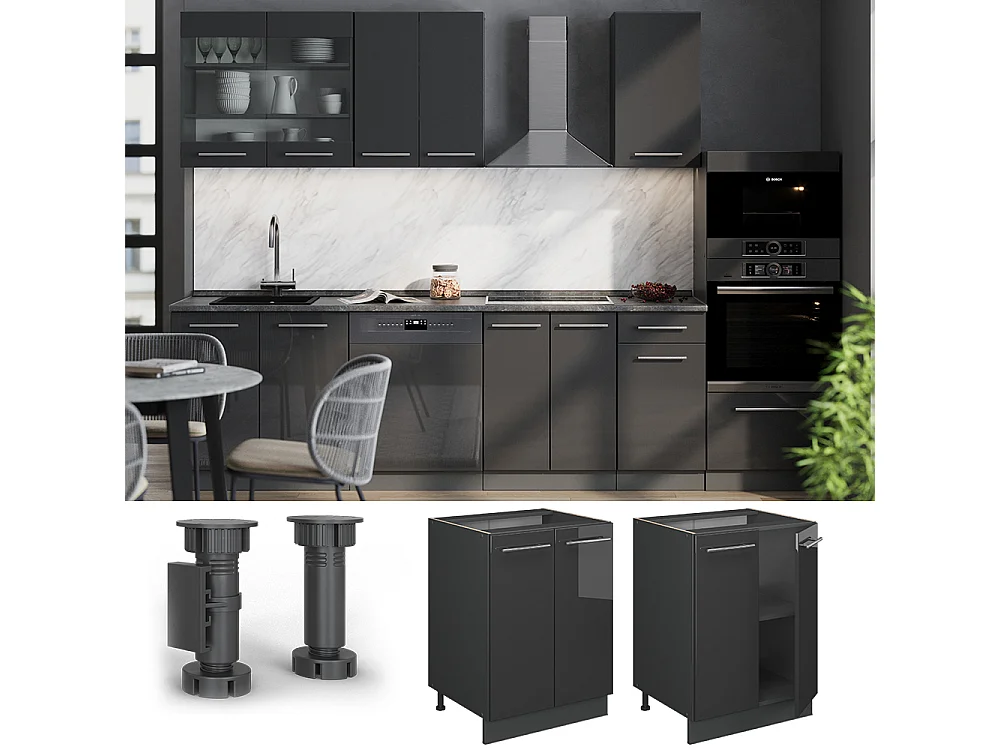 Kitchen base cabinet anthracite high gloss 60x60x82 fame-line