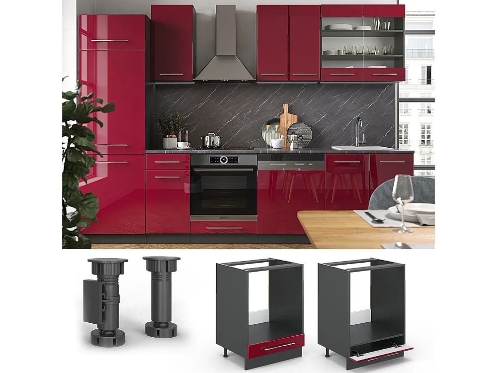 Meuble pour four rouge bordeaux haute brillance 60x60x82 fame-line