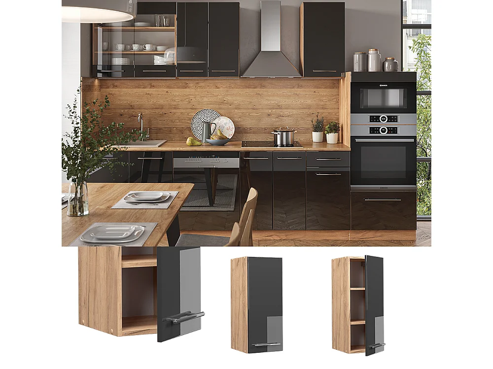 Elément haut de cuisine anthracite haute brillance 30x34.1x72 fame-line