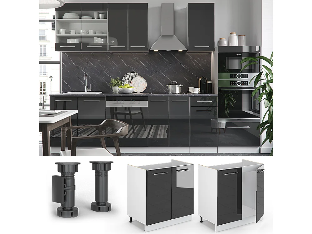 Meuble bas sous-évier anthracite haute brillance 80x51.6x82 fame-line