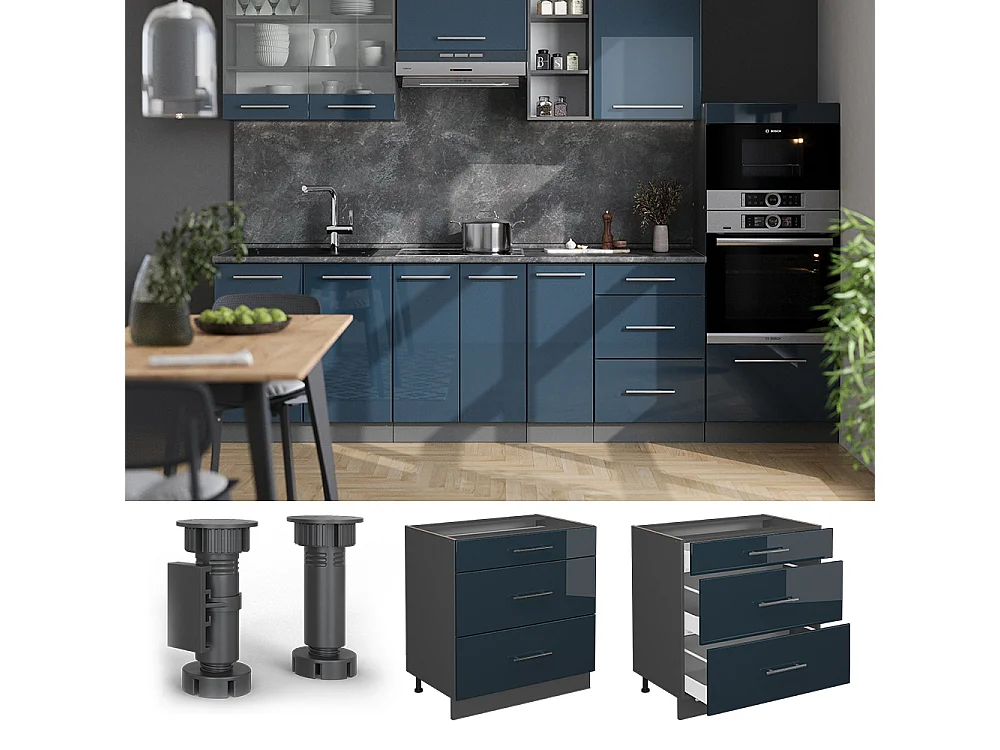 Mueble bajo de cocina azul oscuro alto brillo 80x60x82 fame-line