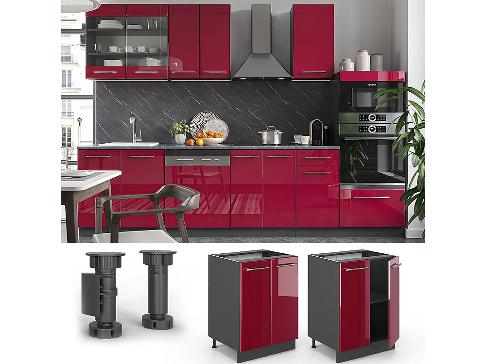 Meuble bas de cuisine rouge bordeaux haute brillance 60x51.6x82 fame-line