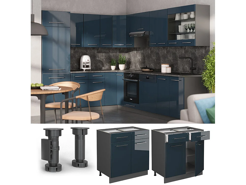 Kitchen base cabinet dark blue high gloss 80x60x82 fame-line
