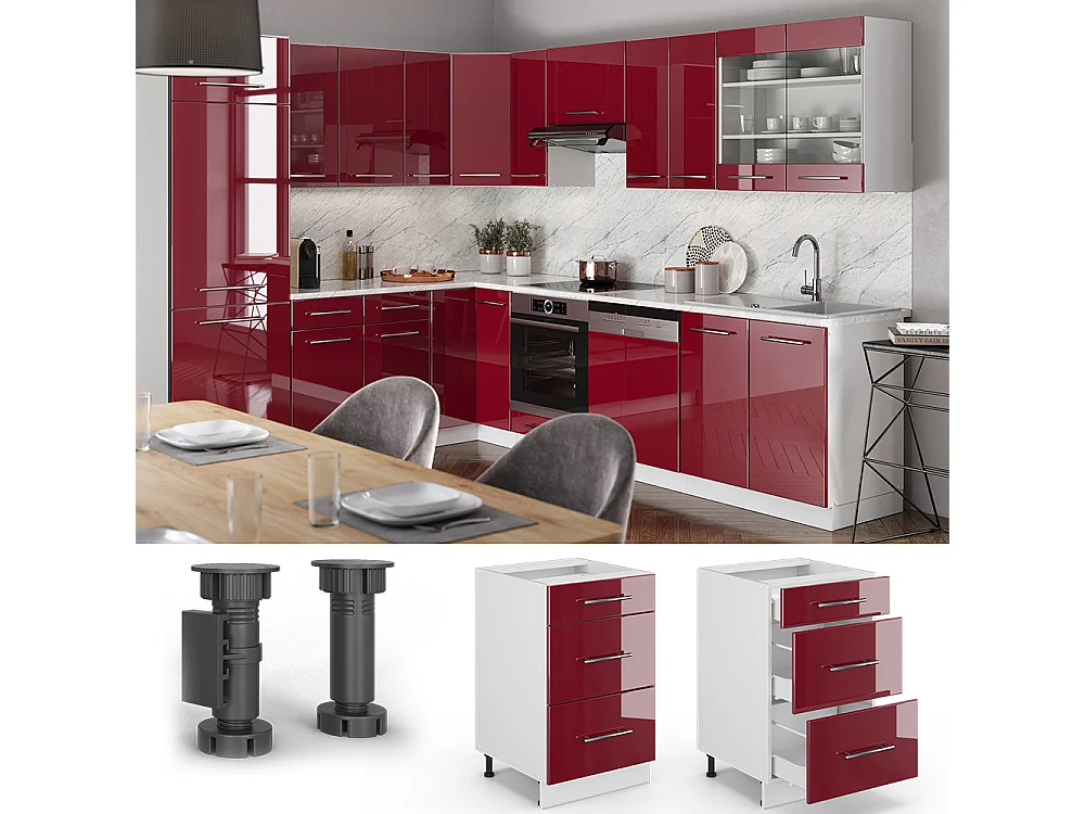 Mueble bajo de cocina rojo burdeos alto brillo 50x51.6x82 fame-line