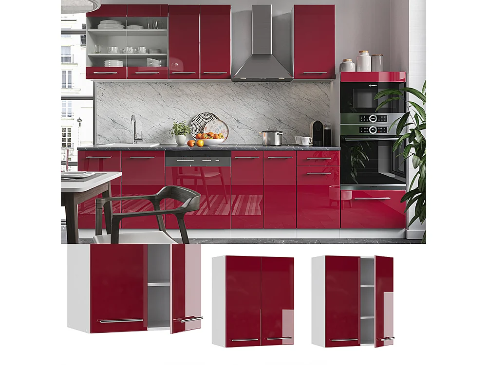 Elément haut de cuisine rouge bordeaux haute brillance 60x34.1x72 fame-line