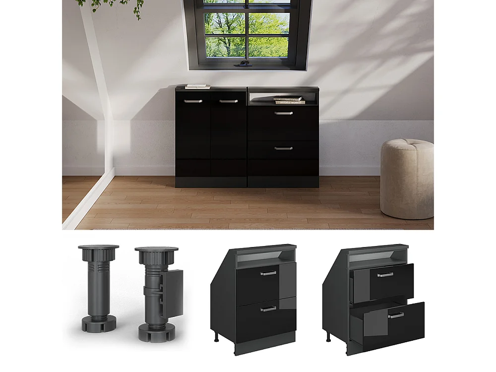 Armário de cozinha para sótão inclinado preto alto brilho 60x46x81.6 r-line