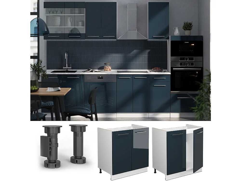 Armario bajo para fregadero azul oscuro alto brillo 80x60x82 fame-line