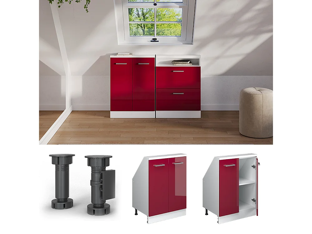 Küchenschrank für Dachschrägen rot hochglanz/weiß 60x46x81.6 r-line