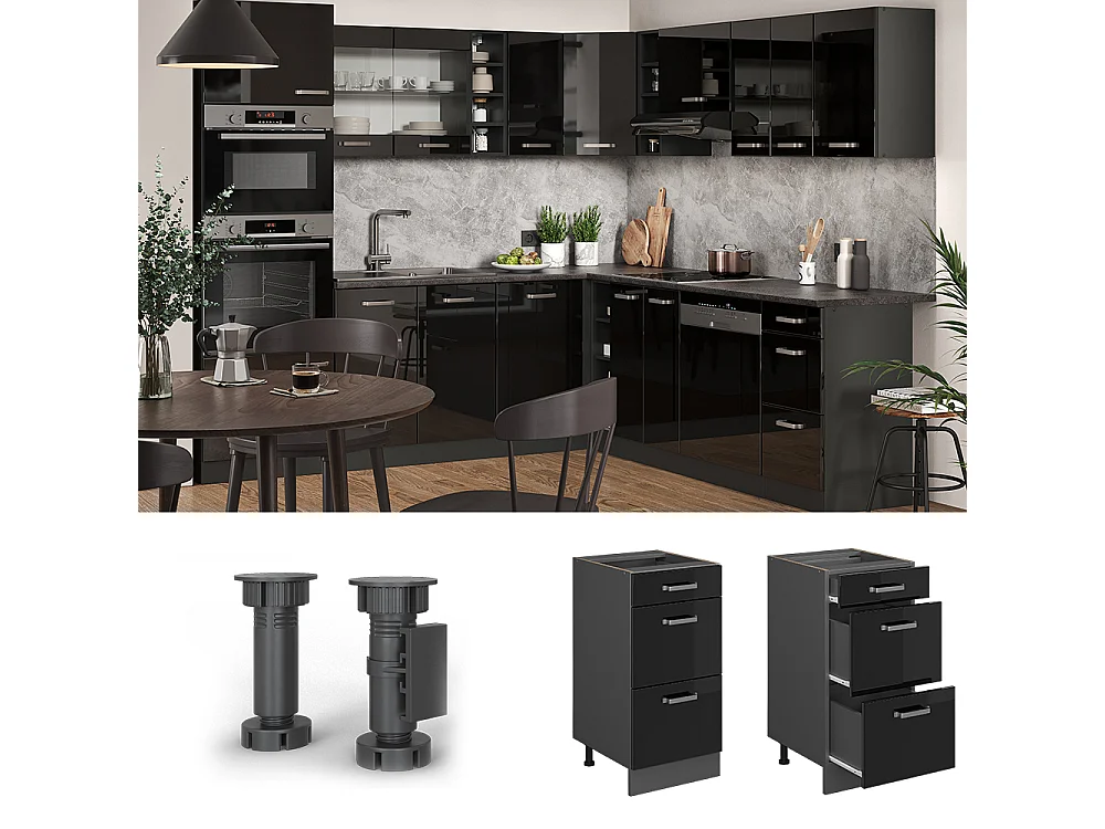 Meuble cuisine noir haute brillance 40x46x81.6 r-line