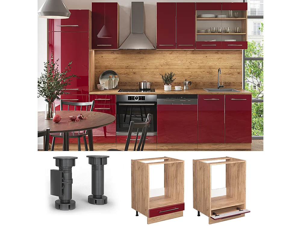 Meuble pour four rouge bordeaux haute brillance 60x60x82 fame-line