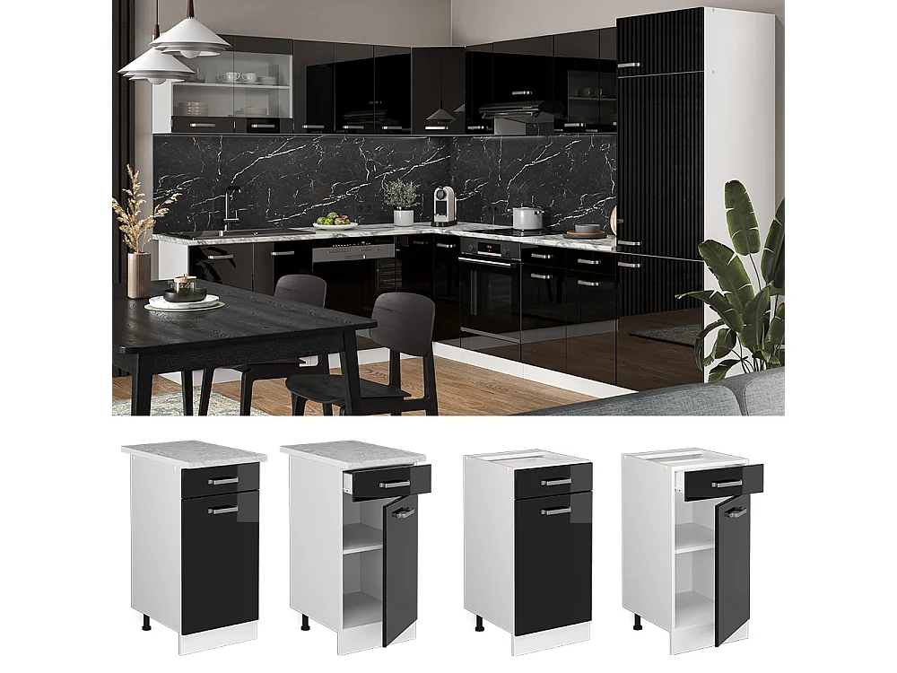 Meuble cuisine noir haute brillance 40x60x81.6 r-line