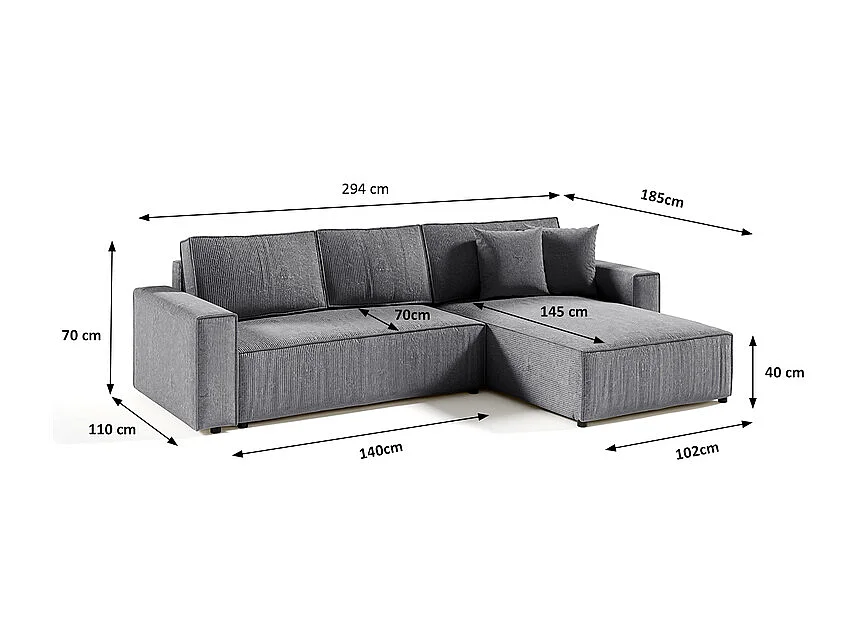 Canapé d'angle réversible et convertible 4 places avec coffre Isaac velours côtelé Gris