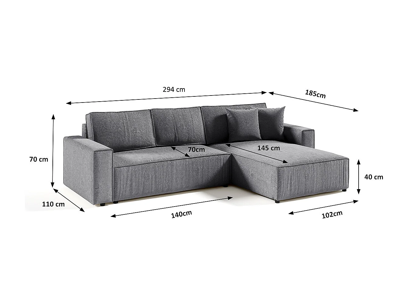 Canapé d'angle réversible et convertible 4 places avec coffre Isaac velours côtelé Gris