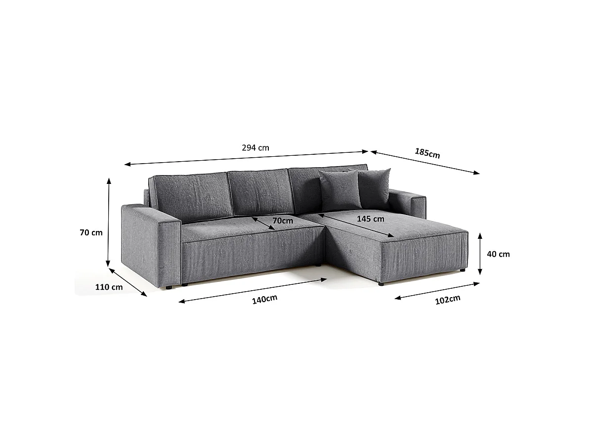 Canapé d'angle convertible 4 places avec coffre en velours gris