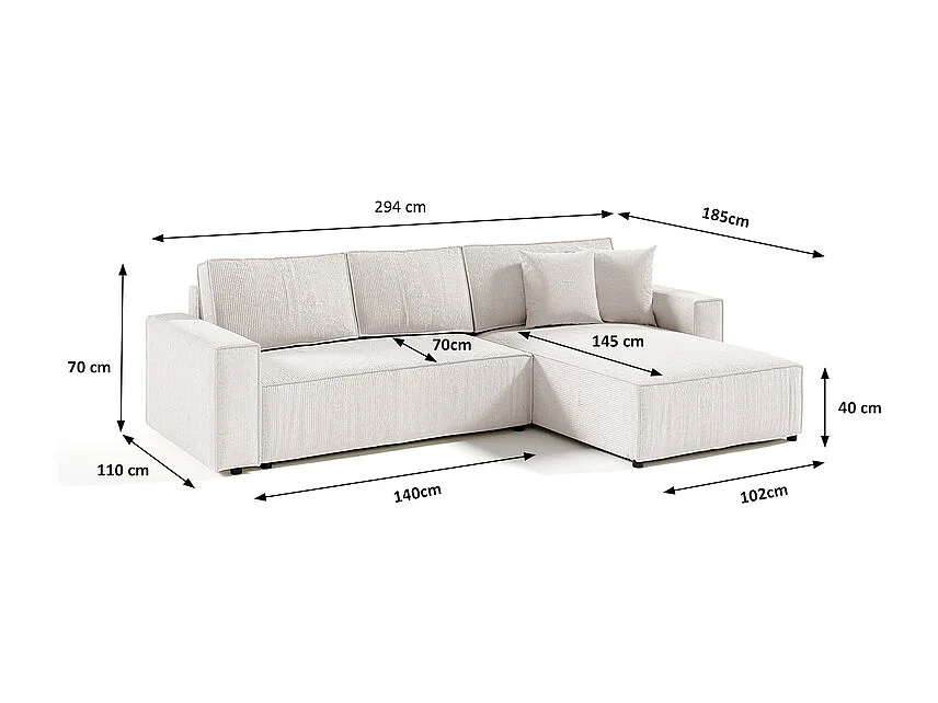 Canapé d'angle réversible et convertible 4 places avec coffre Isaac velours côtelé Blanc Cassé
