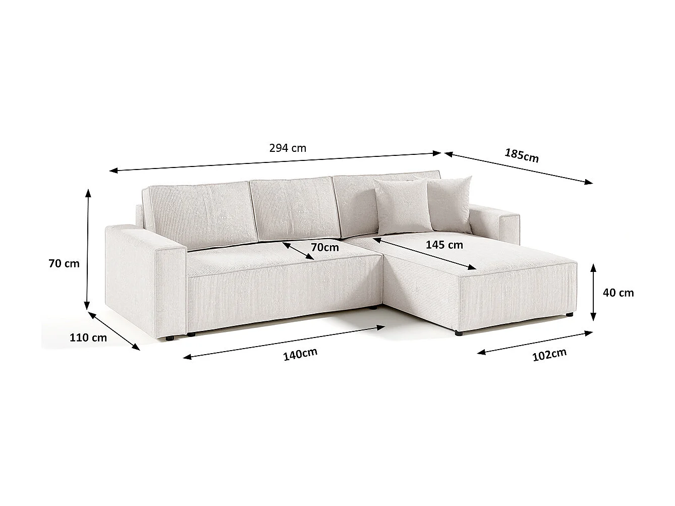 Canapé d'angle réversible et convertible 4 places avec coffre Isaac velours côtelé Blanc Cassé