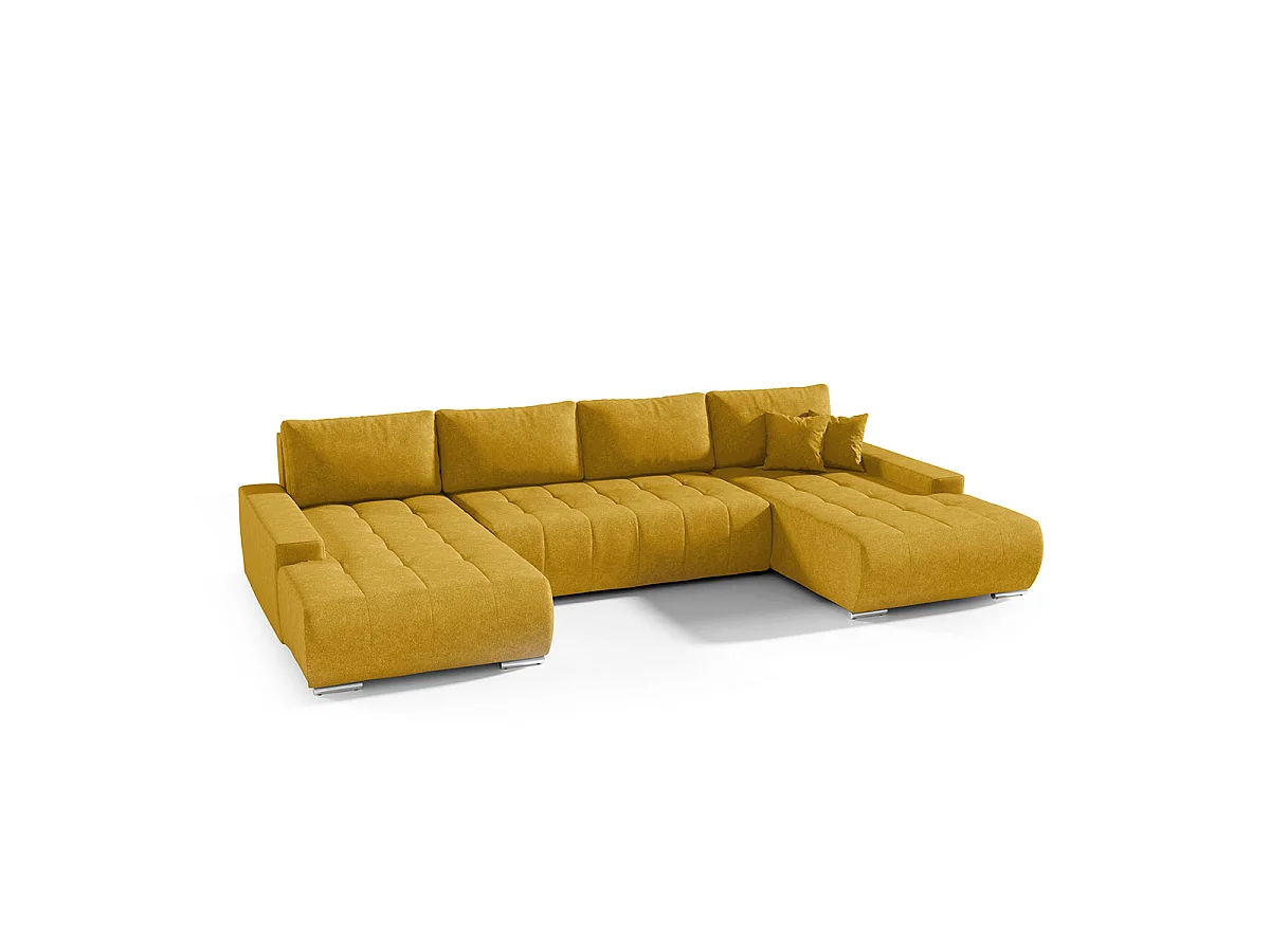 Canapé d'angle convertible 5 places avec coffre en tissu jaune