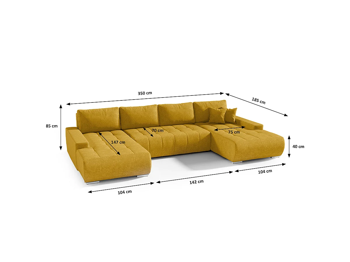 Canapé d'angle convertible 5 places avec coffre en tissu jaune