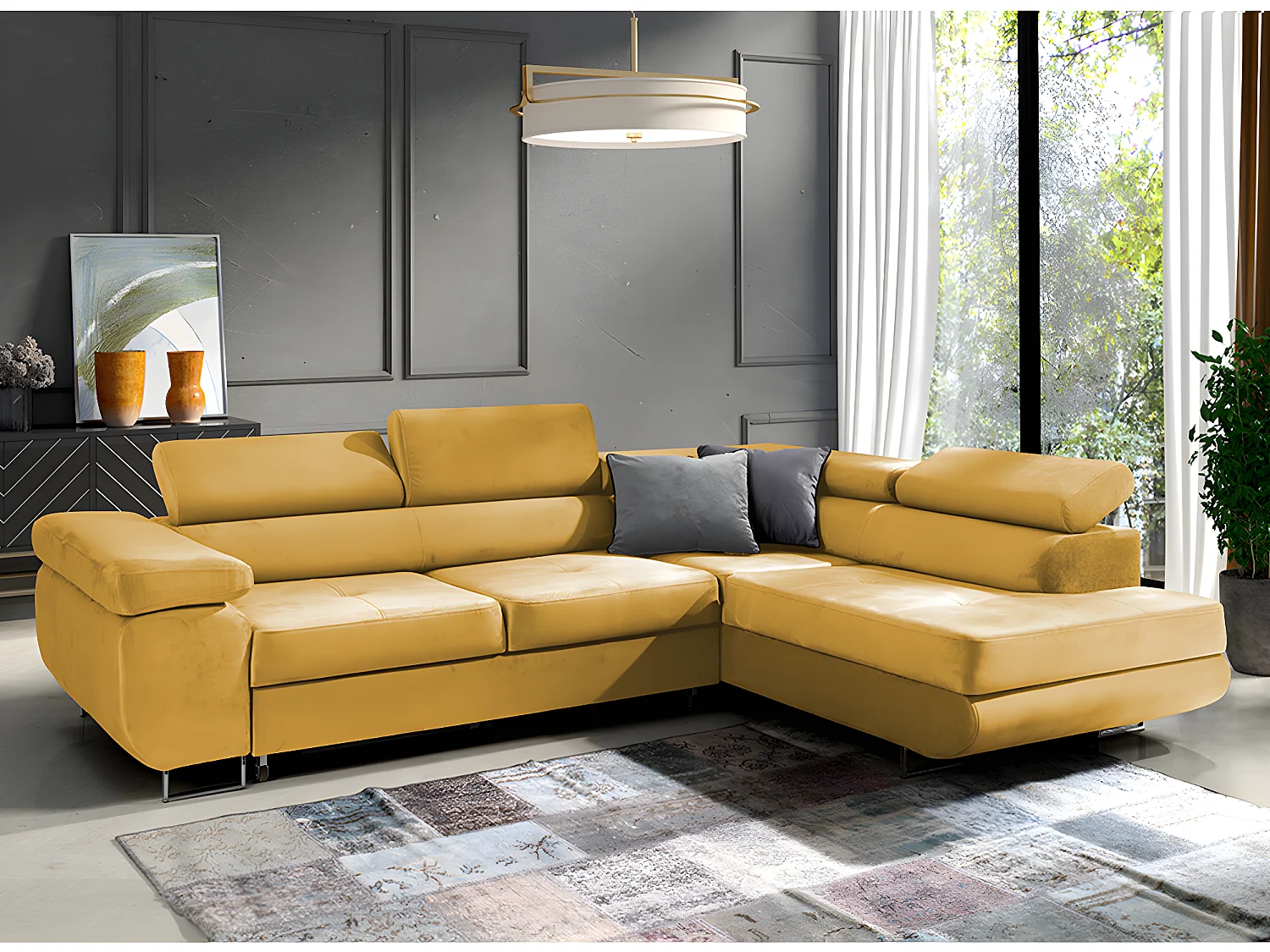 Canapé d'angle convertible 4 places en velours jaune WILSON