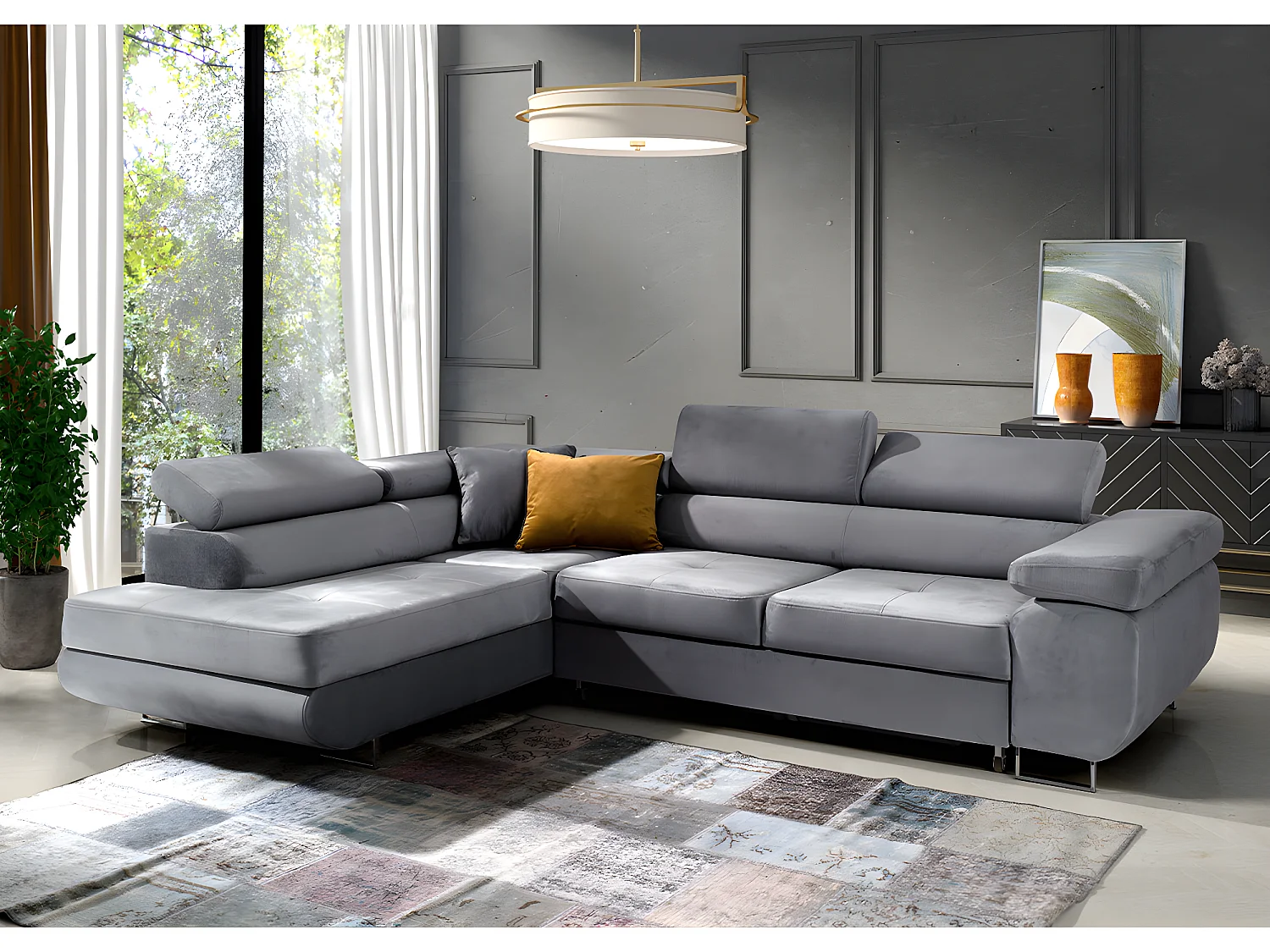 Canapé d'angle convertible gauche 4 places Wilson velours Gris