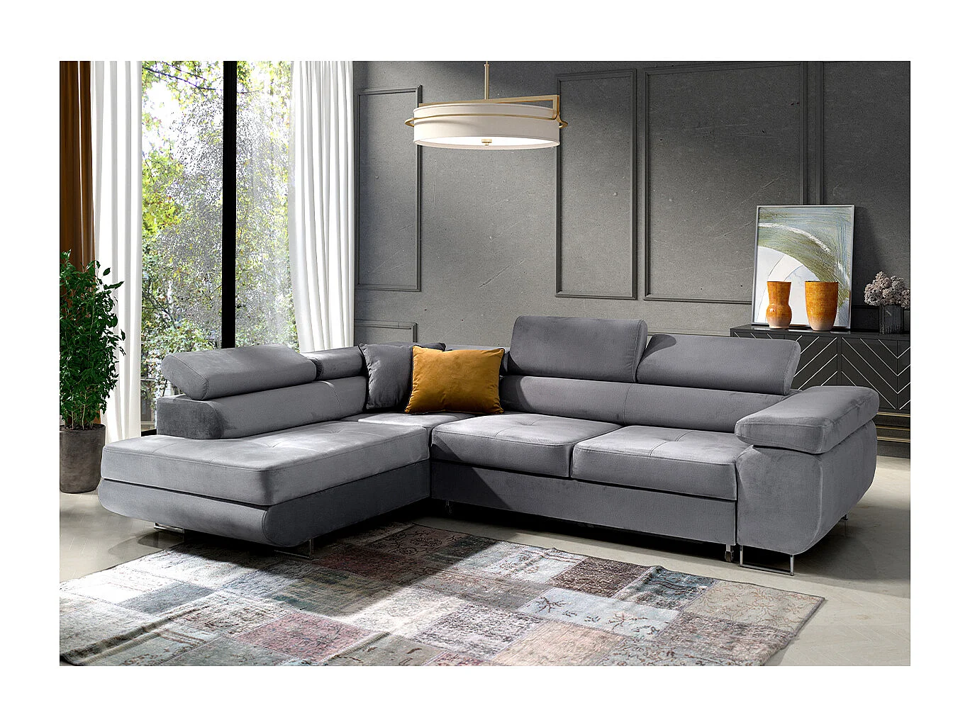 Canapé d'angle convertible gauche 4 places Wilson velours Gris