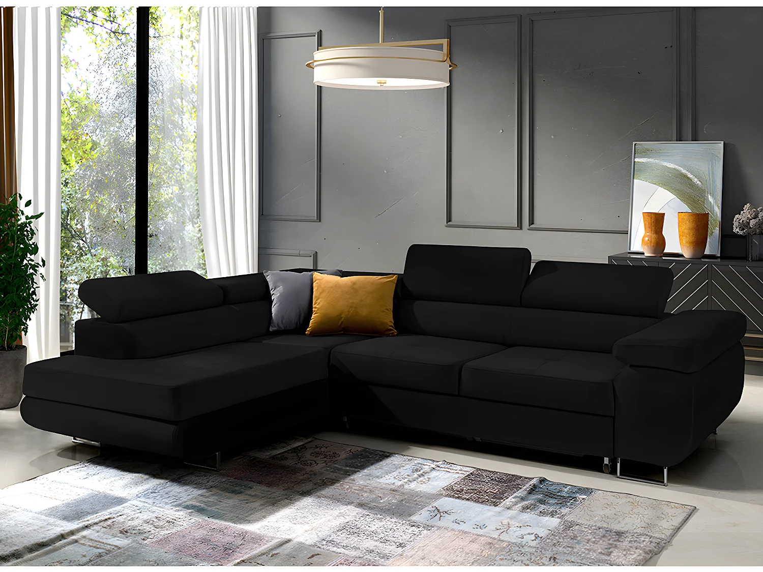 Canapé d'angle convertible gauche 4 places Wilson velours Noir