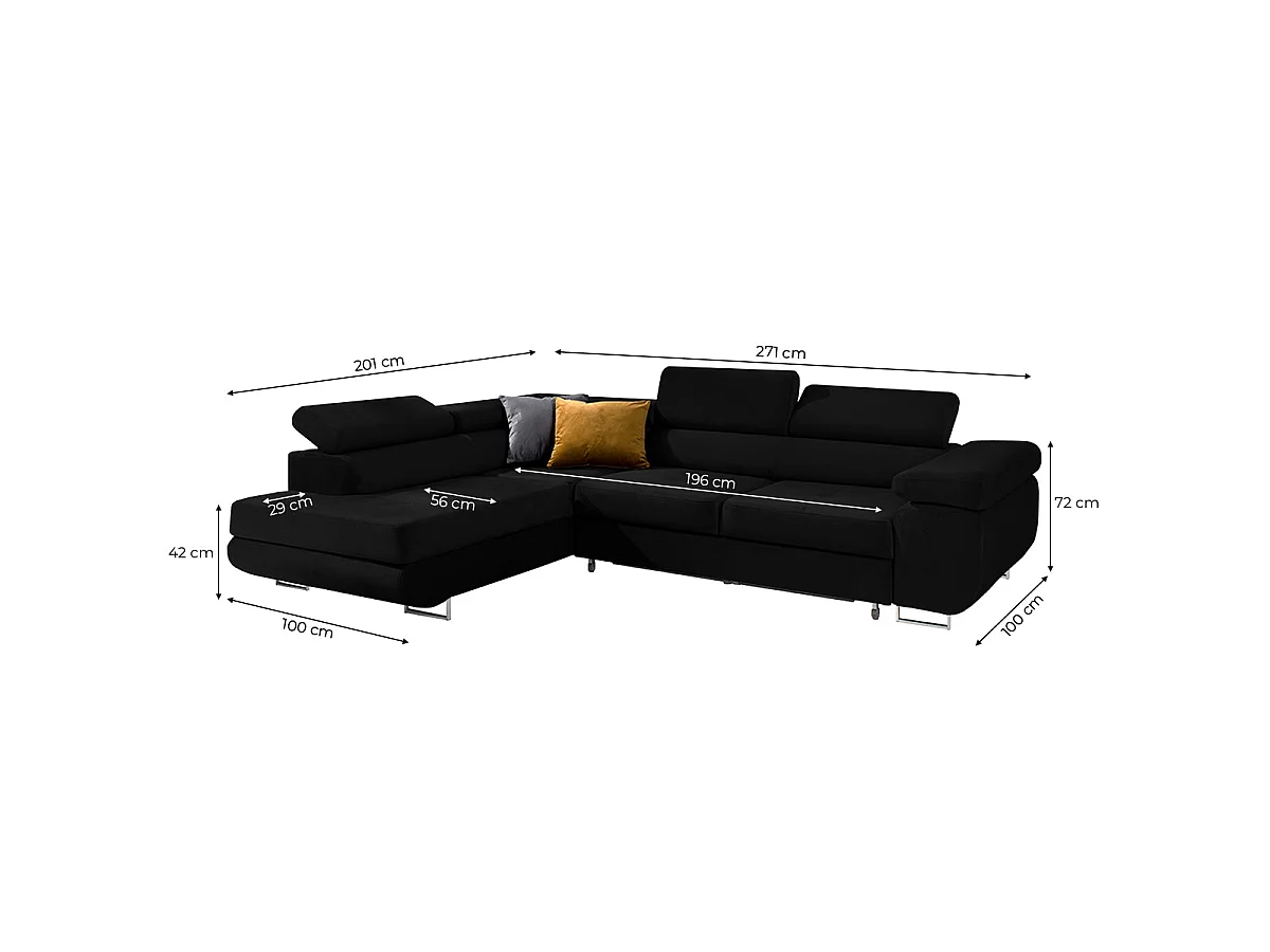 Canapé d'angle convertible 4 places en velours noir WILSON