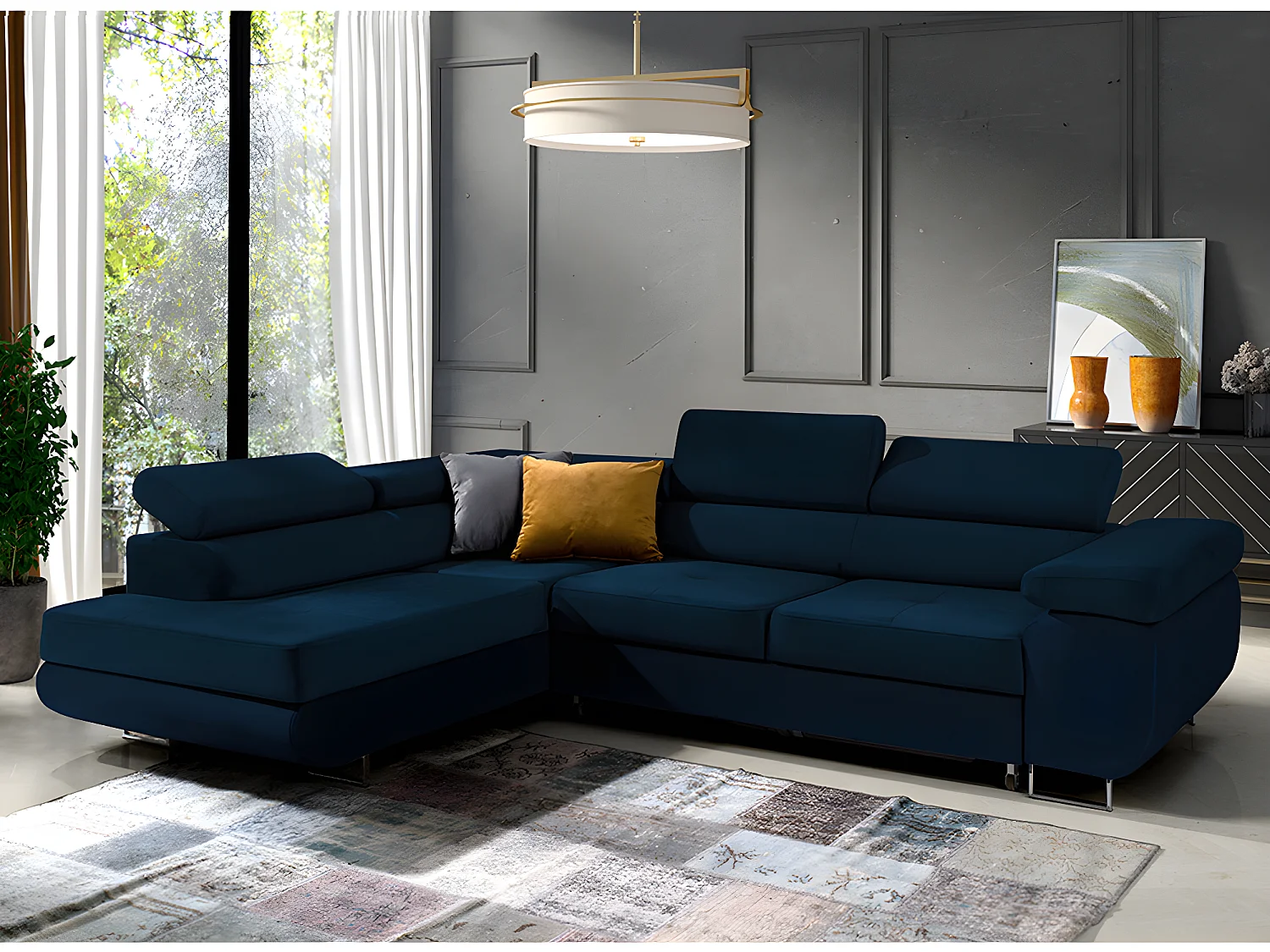 Canapé d'angle convertible gauche 4 places Wilson velours Bleu