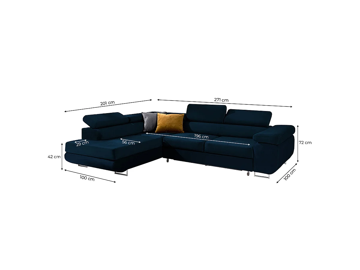 Canapé d'angle convertible 4 places en velours bleu WILSON