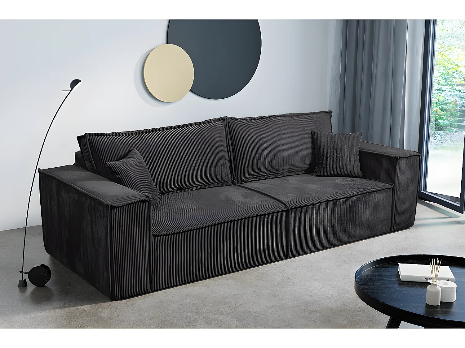 Canapé convertible 4 places avec coffre Isaac velours côtelé Gris foncé