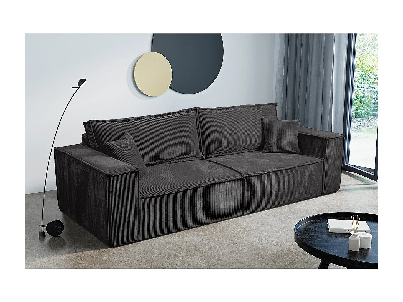 Canapé convertible 4 places avec coffre Isaac velours côtelé Gris foncé
