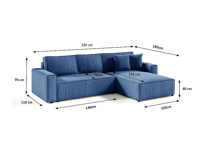 Canapé d'angle réversible et convertible 4 places avec coffre Isaac velours côtelé Bleu