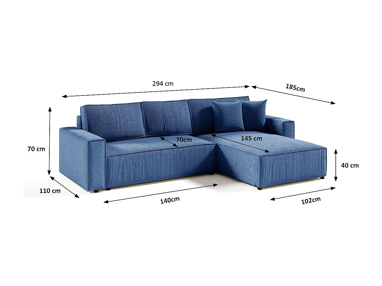 Canapé d'angle réversible et convertible 4 places avec coffre Isaac velours côtelé Bleu
