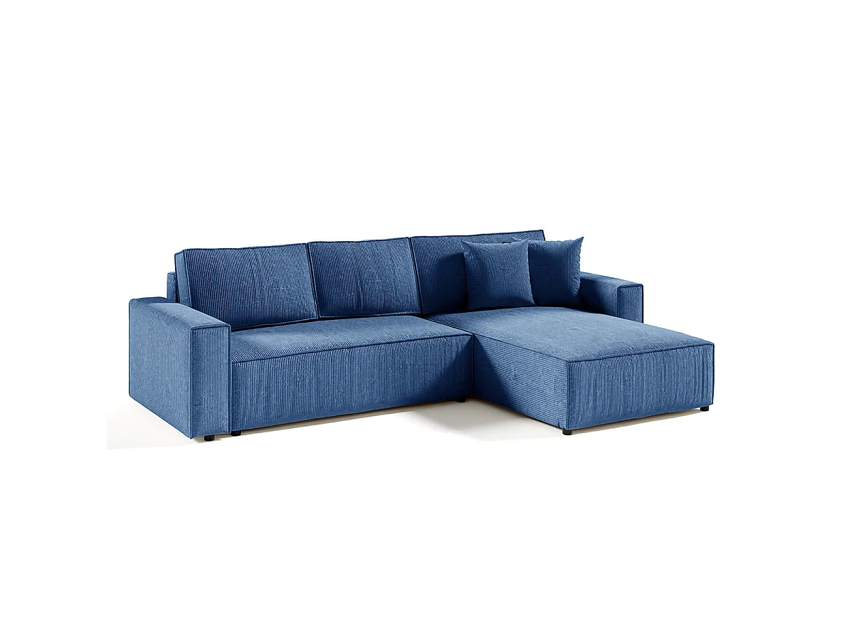Canapé d'angle convertible 4 places avec coffre en velours bleu