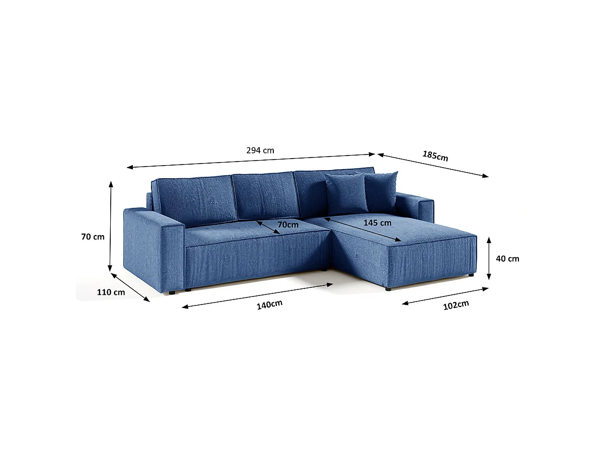 Canapé d'angle convertible 4 places avec coffre en velours bleu
