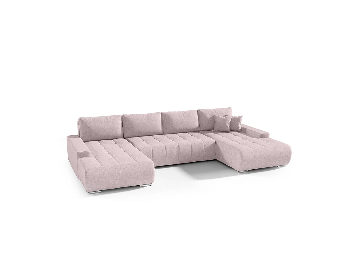 Canapé d'angle convertible 5 places avec coffre en tissu rose