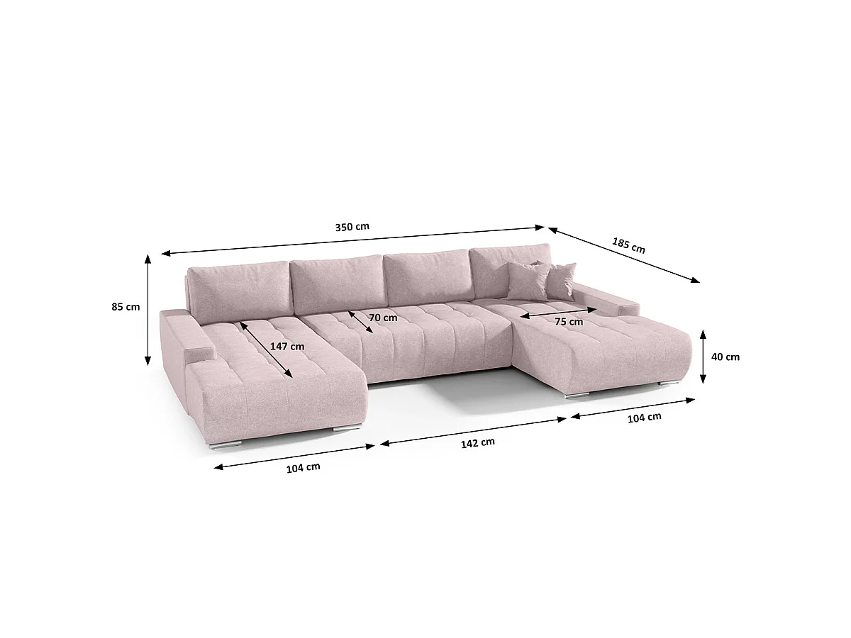 Canapé d'angle convertible 5 places avec coffre en tissu rose