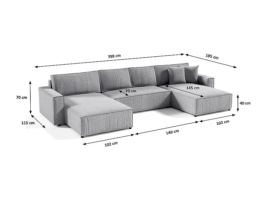 Canapé U 5 places convertible coffre Isaac velours côtelé Gris Clair