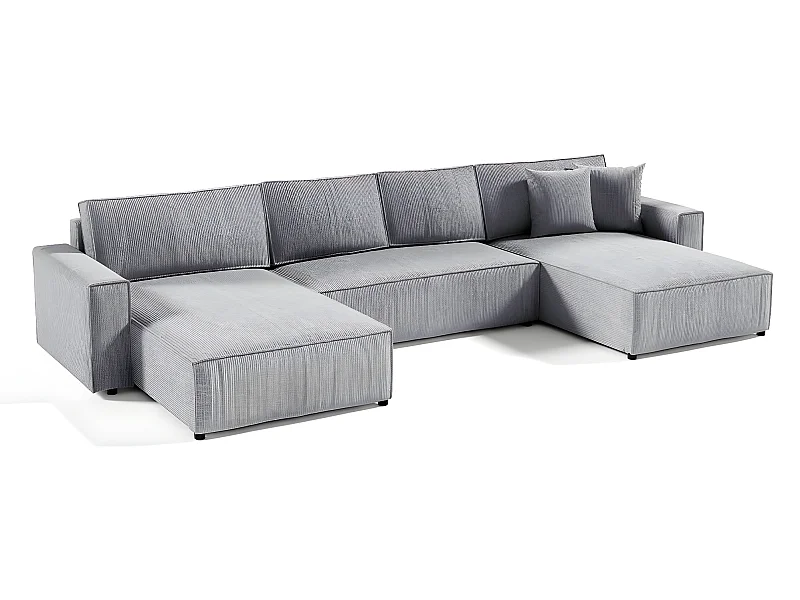 Canapé U 5 places convertible coffre Isaac velours côtelé Gris Clair