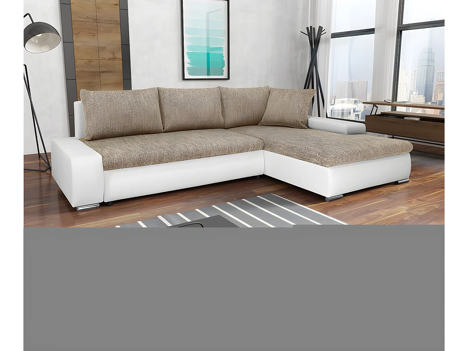 Canapé d'angle convertible droit 4 places avec coffre Joakim Beige et Blanc