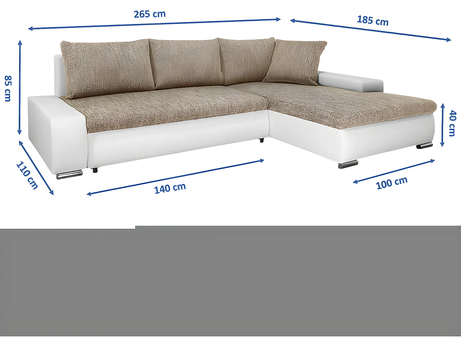 Canapé d'angle convertible droit 4 places avec coffre Joakim Beige et Blanc