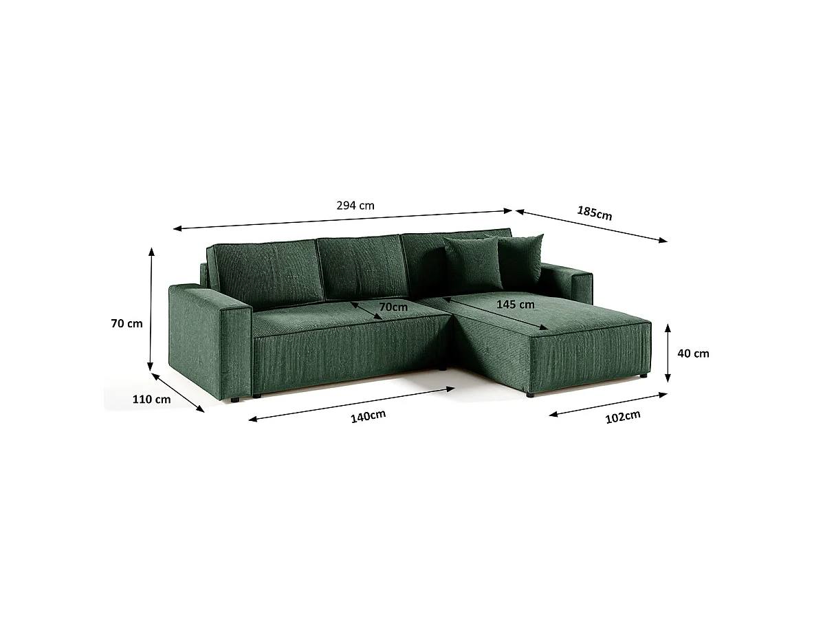 Canapé d'angle convertible 4 places avec coffre en velours vert