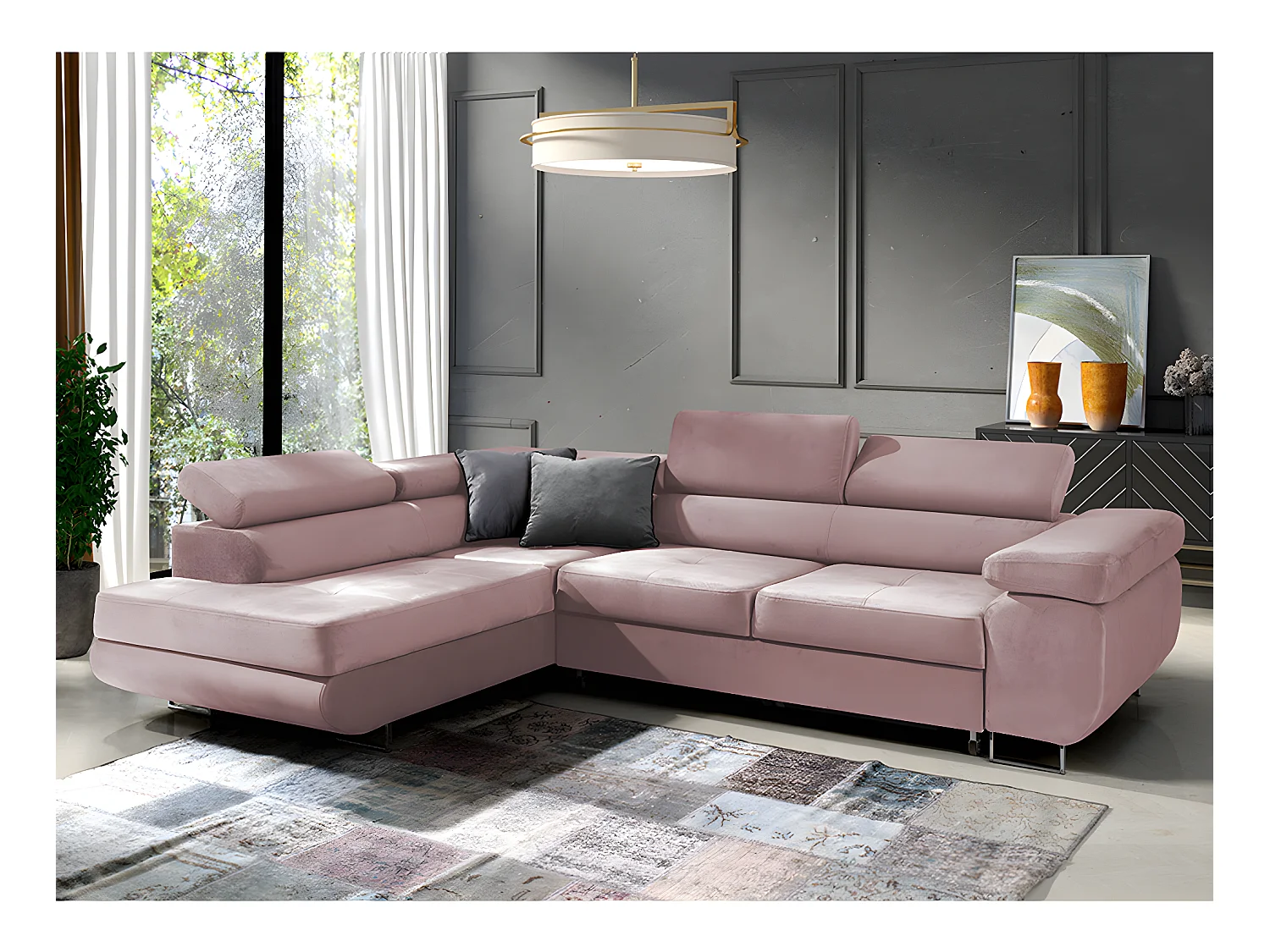 Canapé d'angle convertible gauche 4 places Wilson velours Rose