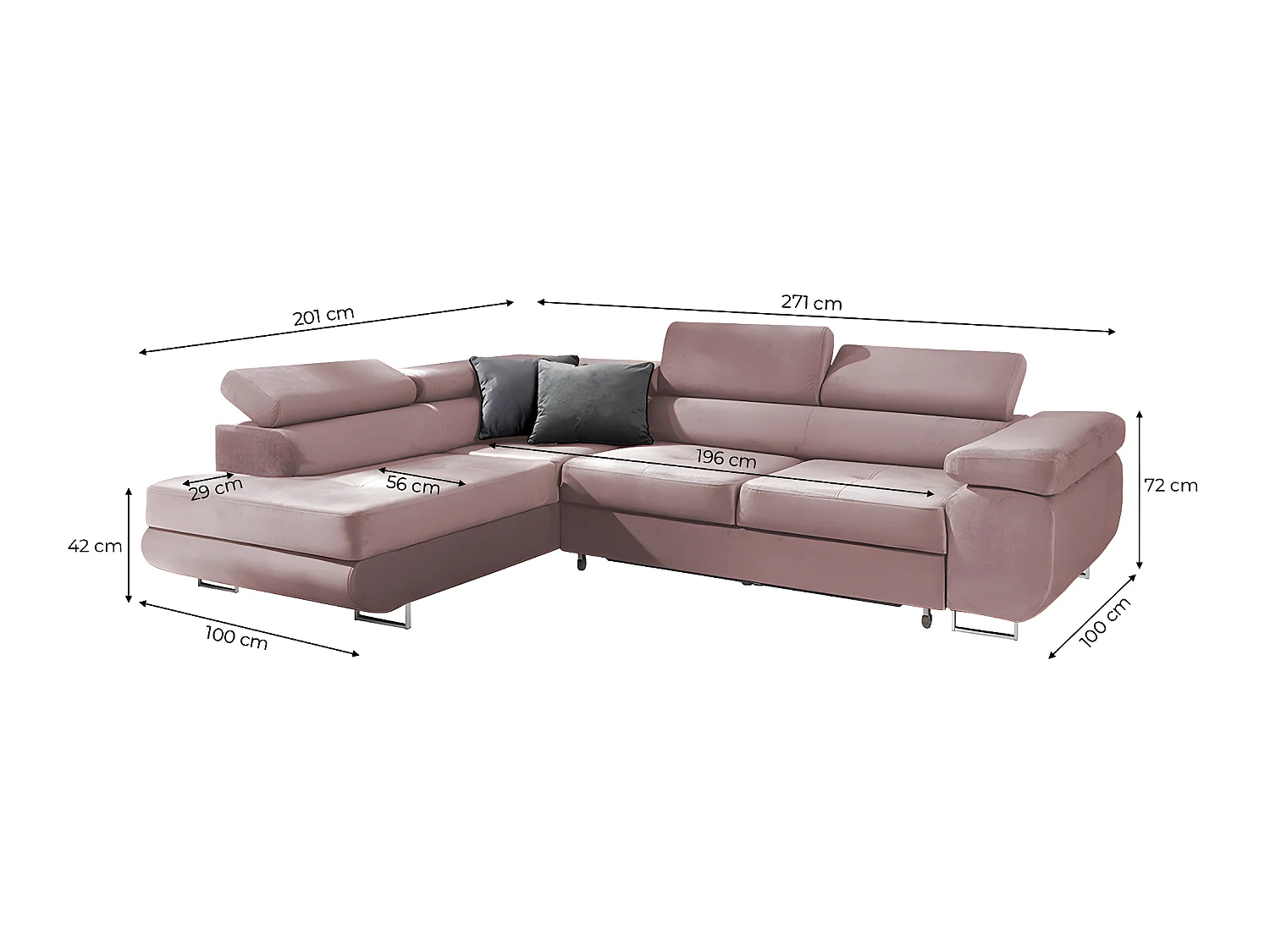 Canapé d'angle convertible gauche 4 places Wilson velours Rose