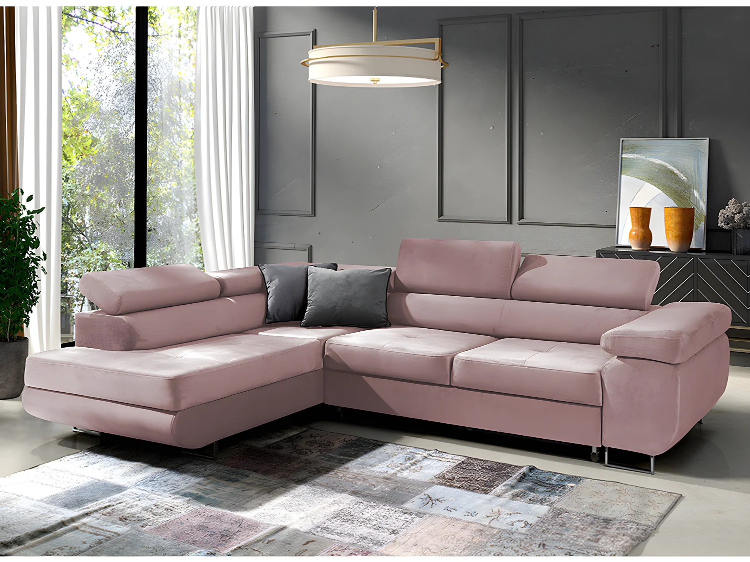 Canapé d'angle convertible gauche 4 places Wilson velours Rose