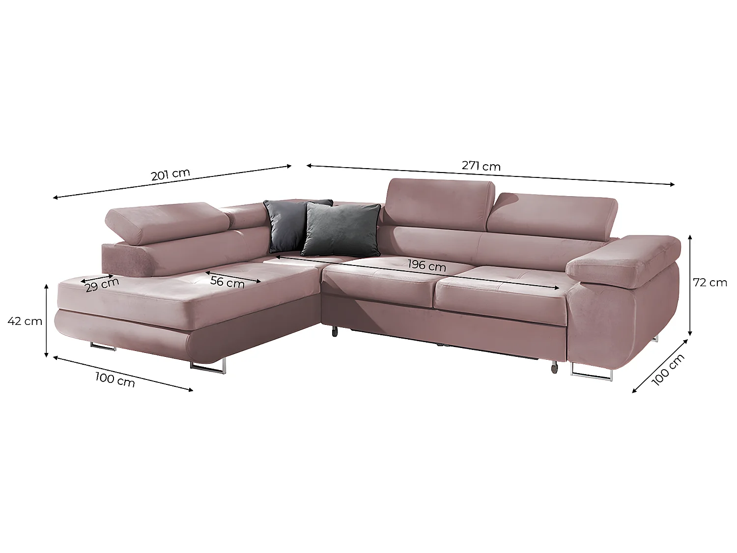 Canapé d'angle convertible gauche 4 places Wilson velours Rose