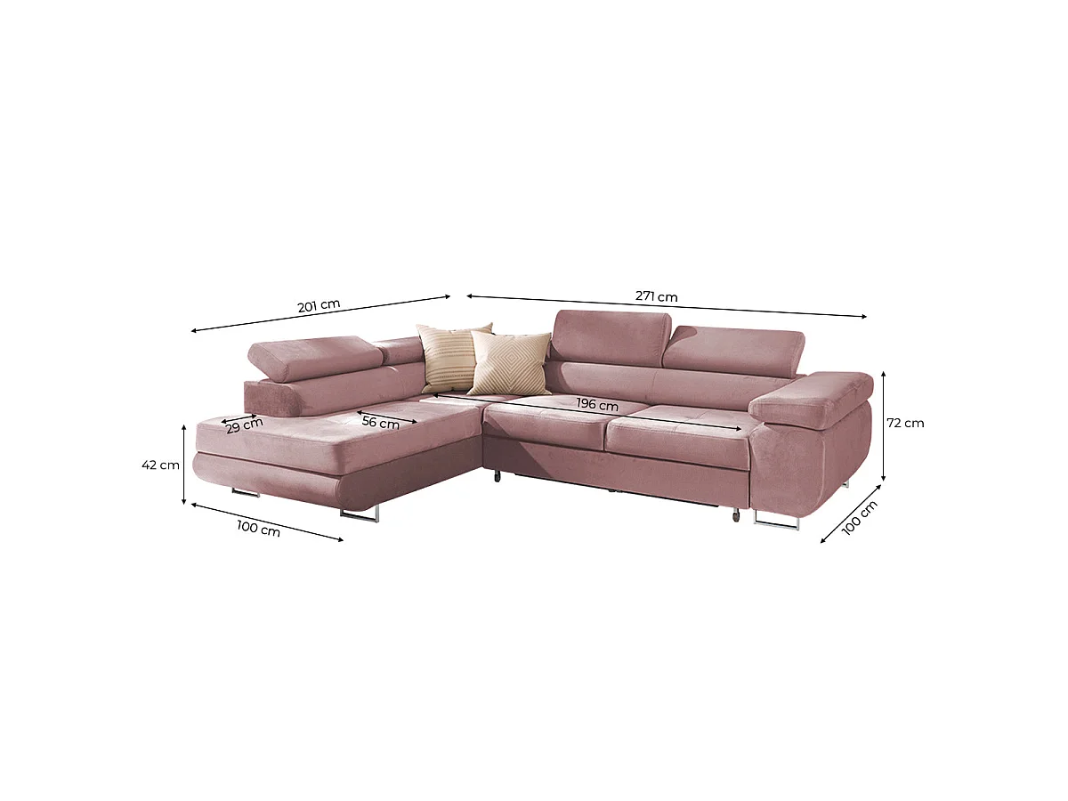 Canapé d'angle gauche convertible 4 places en velours rose WILSON