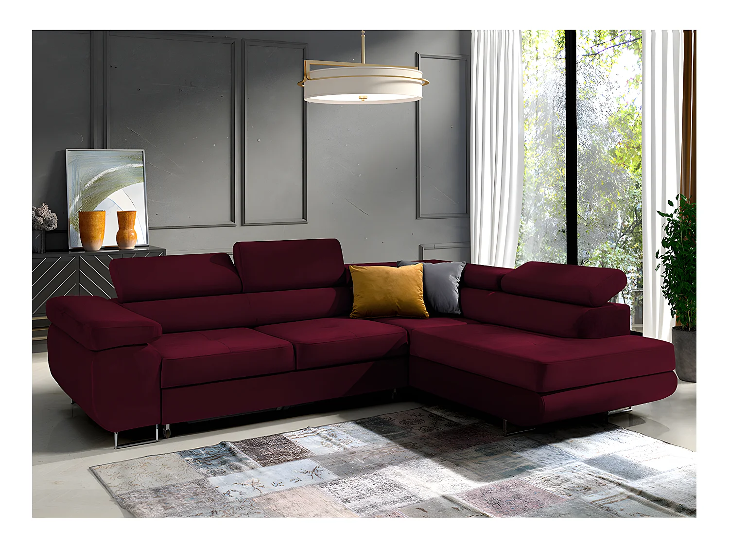 Canapé d'angle convertible droit 4 places Wilson velours Bordeaux